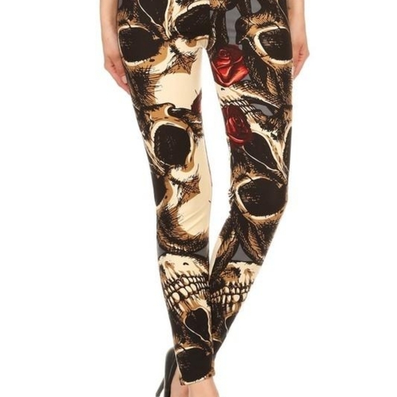 LEGGINGS DEPOT Full length Skull & Rose Print Halloween Leggings Size Small NWT - Picture 4 of 5
